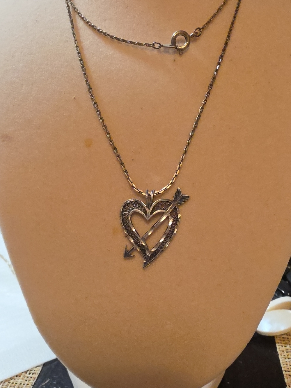 Intricate Heart & Arrow Pendant Necklace - Silver Tone